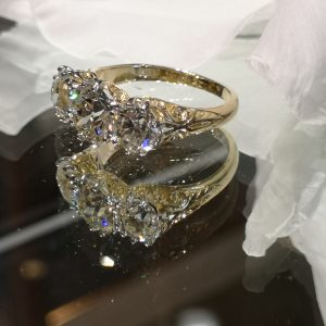 AMS9002 3 stone diamond ring, 3.48cts, carved scroll mount