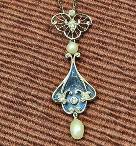 AMS8921 Guilloche enamel and diamond pendant by Henry Blank & Co. circa 1910