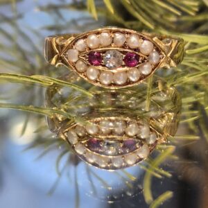 AMS8934charming ruby, diamond and seed pearl ring, Birmingham 1893