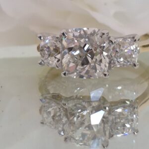 AMS8985 Old mine cut three stone diamond ring, 3.18cts