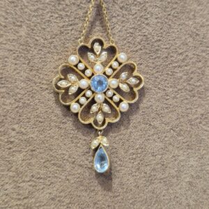 AVT9030 Exquisite late Victorian seed pearl and aquamarine pendant