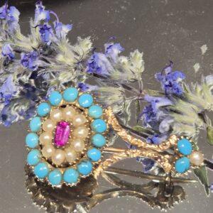 AVT9035 Turquoise, ruby and pearl 'comet' brooch